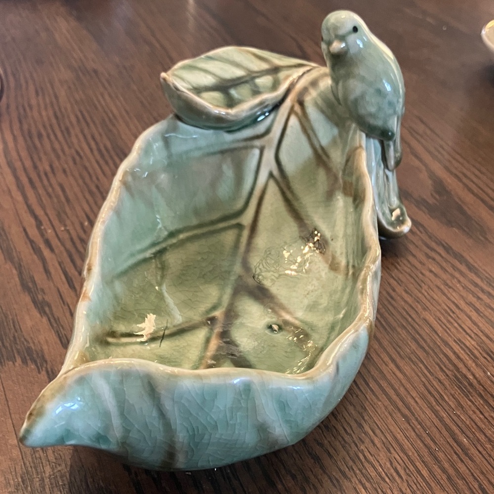 Green Glazed Pottery Leaf Dish/Bird Bath with Bird Accent